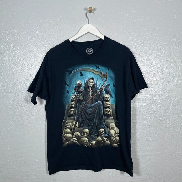 ODM Other - ODM Men L Black Grim Reaper Skull Throne Graphic T-Shirt Cotton Grunge Goth